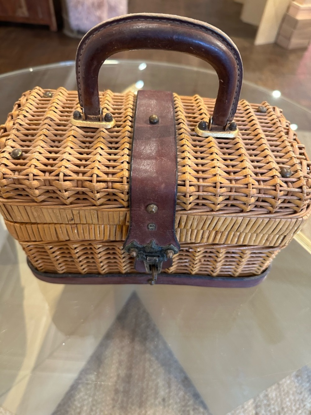 Vintage Etienne Aigner Rattan Top-Handle Basket Bag with Brown Leather Trim!